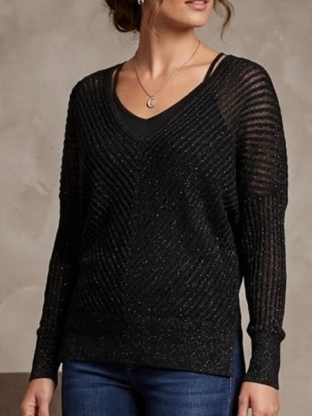 Metallic Batwing Sweater Jennifer Lopez Black Shimmer Knit M